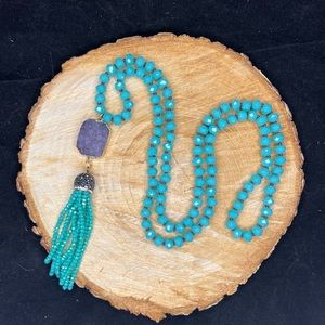 Beaded Iridescent Teal Geode Mala Necklace
